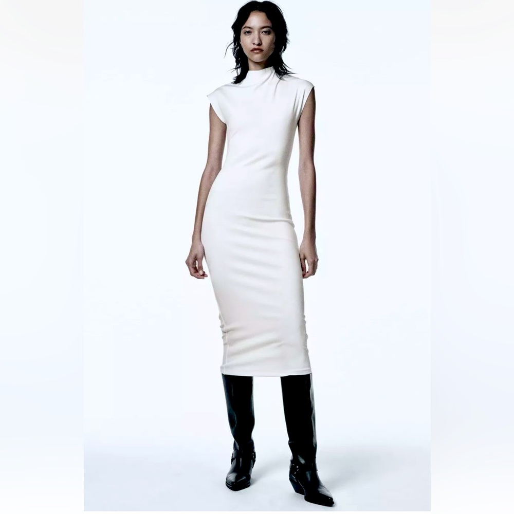 Zara Cream Sleeveless Mock-Neck Midi Dress